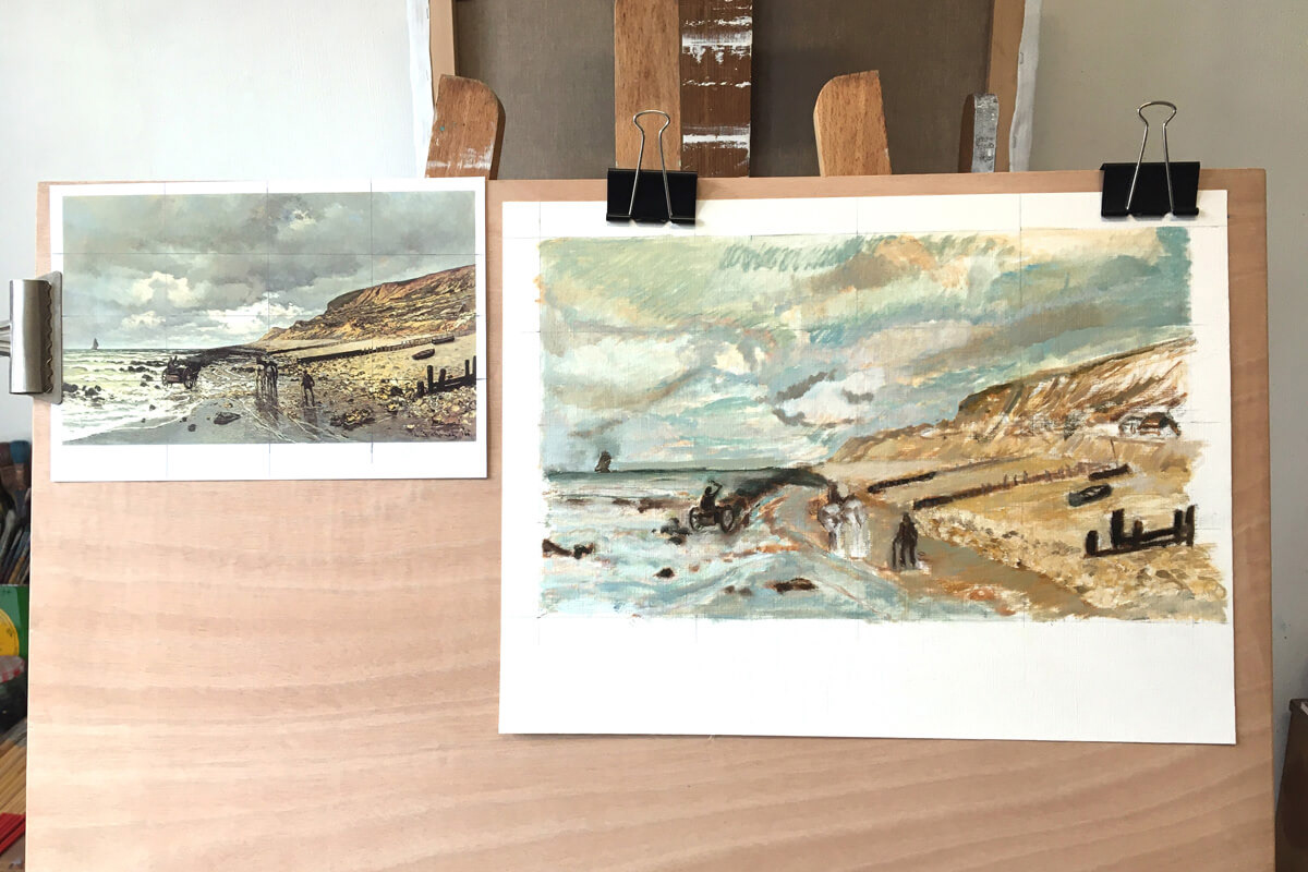 Jérôme : Exercice d'interprétation d'un tableau de Claude Monet, " La Pointe de La Hève à marée basse", 1865. - Cours de peinture Paris 13 - Atelier JB Miette reproduction de tableaux - Cours de peinture à l'huile pour adultes