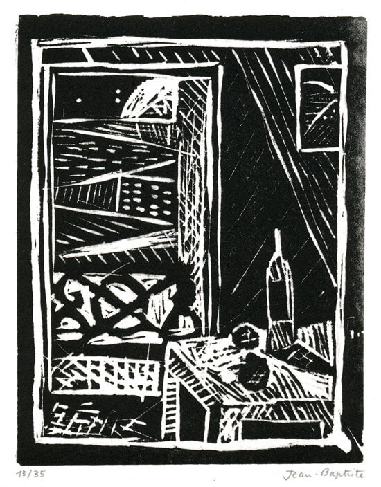 Intérieur - Gravure sur linoléum - 12 x 15,5 cm - Janvier 2003 - Cours de peinture à l'huile Paris 13 - Artiste Peintre Jean-Baptiste Miette