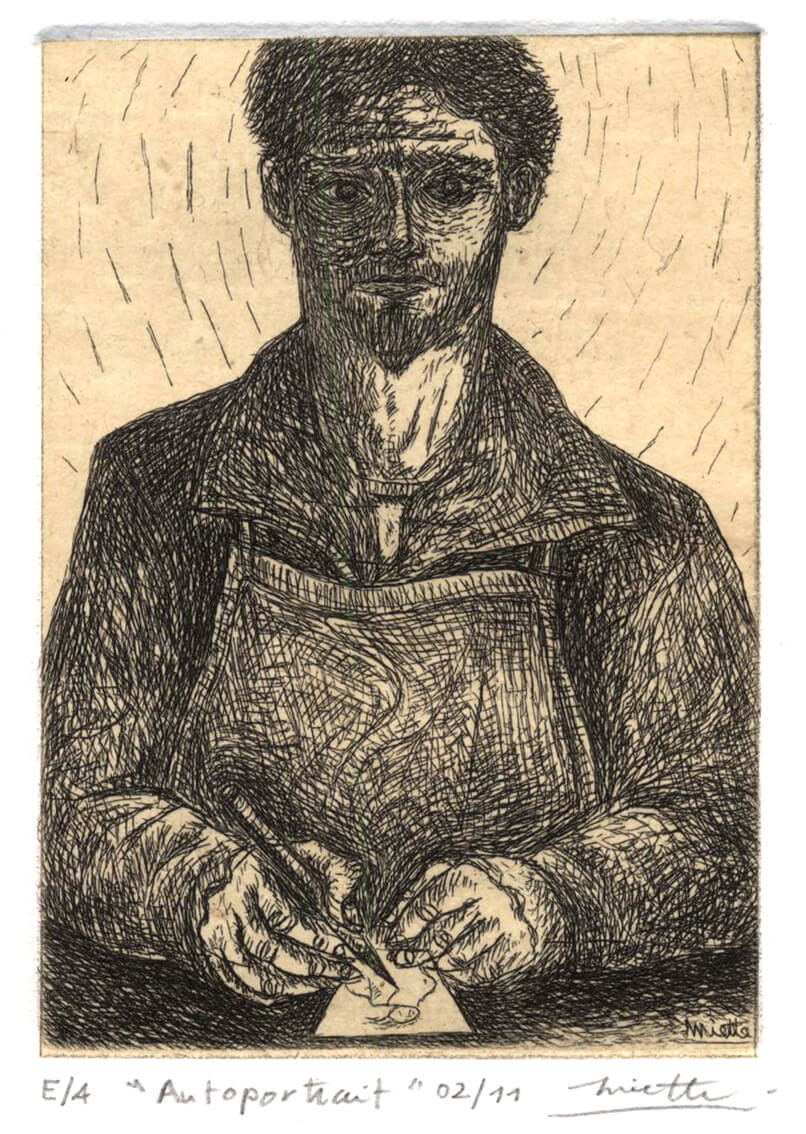 Autoportrait - Gravure Eau-forte sur chine collé - E. A. - 7 x 10 cm - Février 2011 - Imprimée sur la presse de l'atelier "Circé" - 75013 - Participation à la 5° Compétition Internationale de gravure "Miniprint Rosario 2011 " OBTENTION DE LA MENTION SPÉCIALE" décernée par le Jury. - Cours de peinture à l'huile Paris 13 - Artiste Peintre Jean-Baptiste Miette