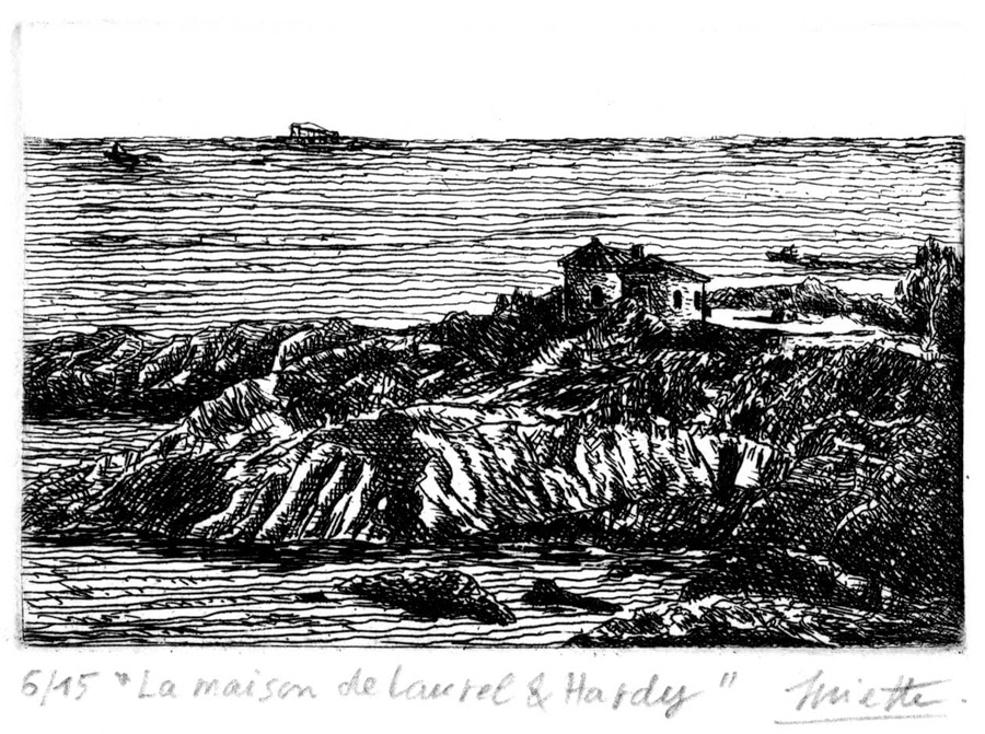 La maison de Laurel et Hardy (Dans le Var au Cap Roux) - Eau-forte - 6 x 9 cm - Avril 2023 - Cours de peinture à l'huile Paris 13 - Artiste Peintre Jean-Baptiste Miette