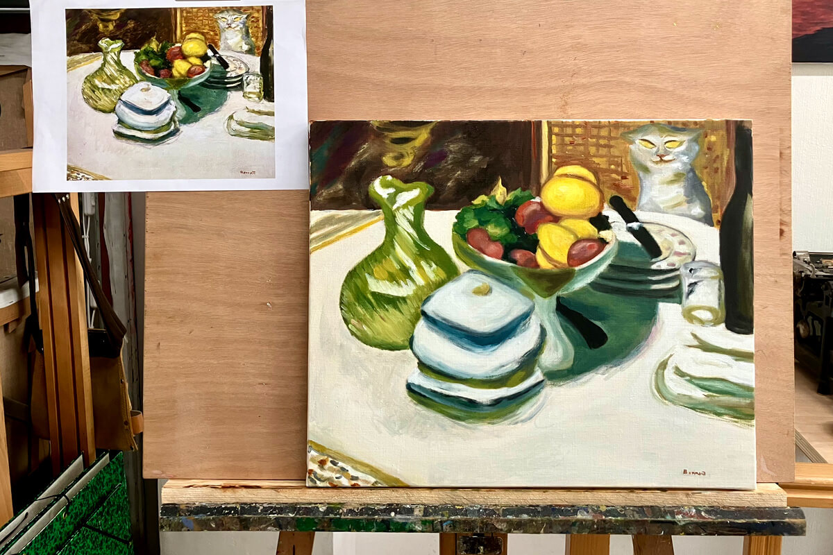 Claudia : étude d'après Pierre Bonnard "Nature Morte au Chat blanc", 1924.