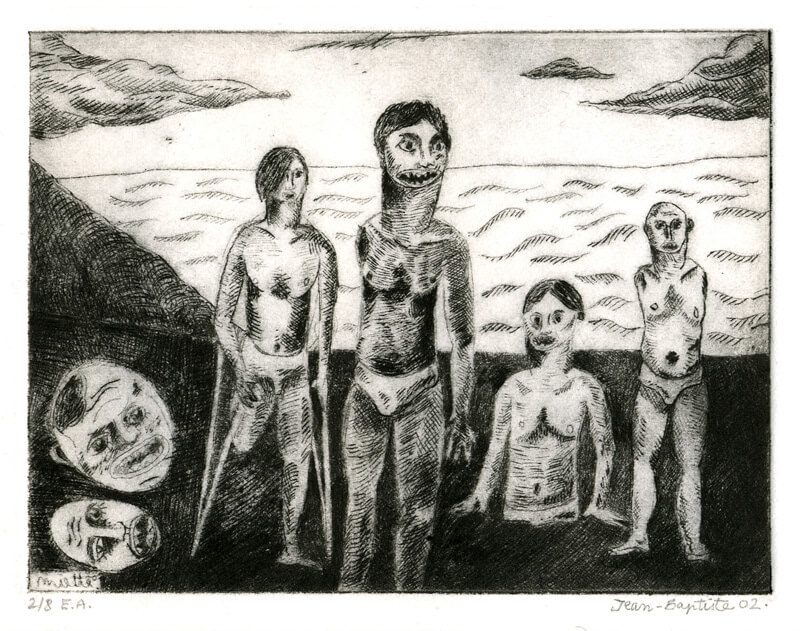 Les amputés - Gravure - Pointe sèche - 9 x 12 cm - 2002 - Cours de peinture à l'huile Paris 13 - Artiste Peintre Jean-Baptiste Miette