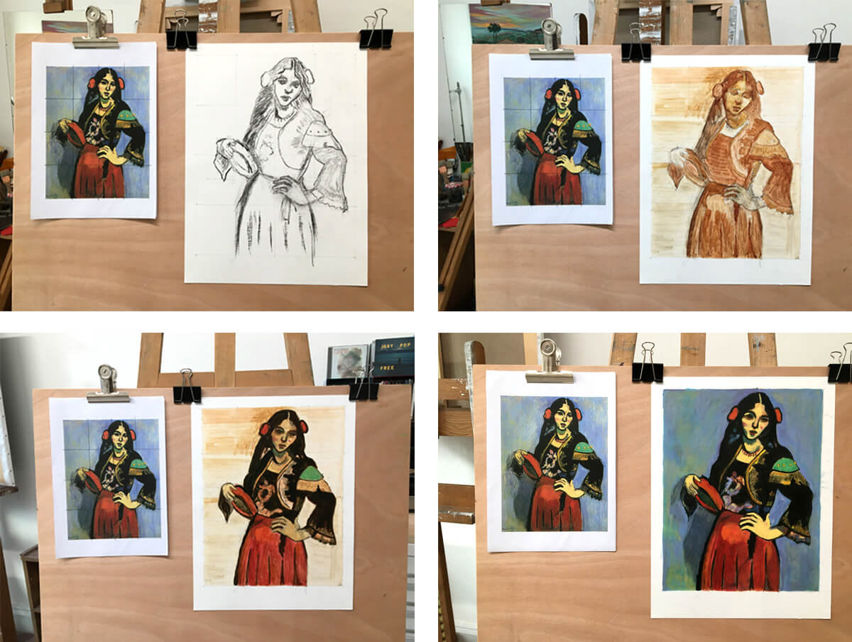 Les principales étapes d'une reproduction d'une peinture à l'huile. - Cours de peinture Paris 13 - Atelier JB Miette reproduction de tableaux - Cours de peinture à l'huile pour adultes