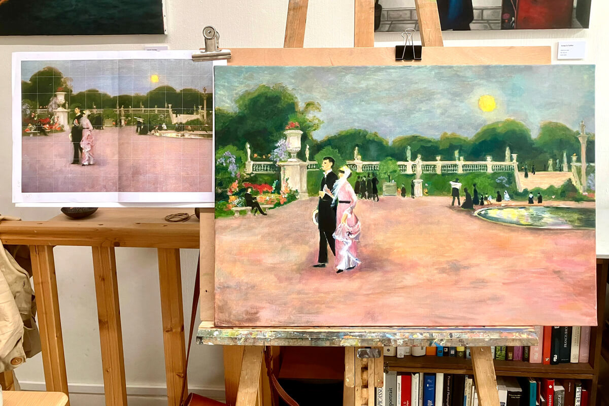 Clotilde : étude d'après John Singer Sargent, "Dans les jardins du Luxembourg", 1879.