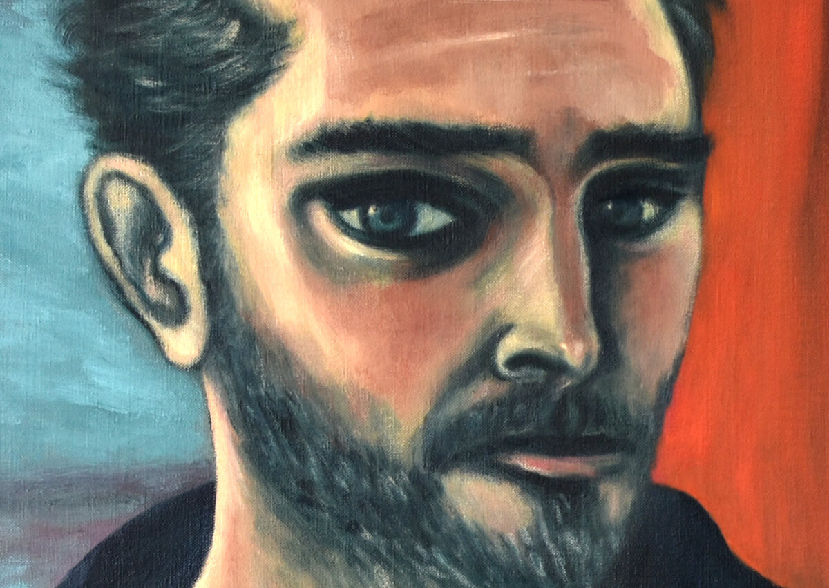 Autoportrait au rideau rouge - Huile sur toile - 81 x 60 cm - Avril 2023 - Cours de peinture à l'huile Paris 13