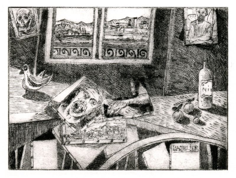L'atelier - Gravure - Pointe sèche - 9 x 12 cm - 2005 - Cours de peinture à l'huile Paris 13 - Artiste Peintre Jean-Baptiste Miette