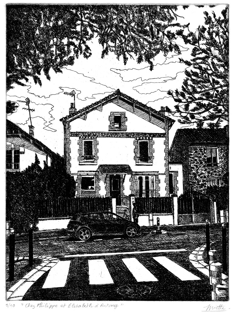 Chez Philippe et Élisabeth à Antony - Eau-forte - 15 x 20 cm - Juillet 2024 - Travail de commande - Cours de peinture à l'huile Paris 13 - Artiste Peintre Graveur Jean-Baptiste Miette