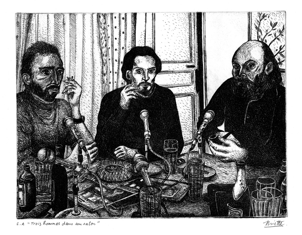 Trois hommes dans un salon (Van Gogh, Picasso, Cézanne) - Gravure - Eau-forte - 15 x 20 cm - Février 2017 - Cours de peinture à l'huile Paris 13 - Artiste Peintre Jean-Baptiste Miette