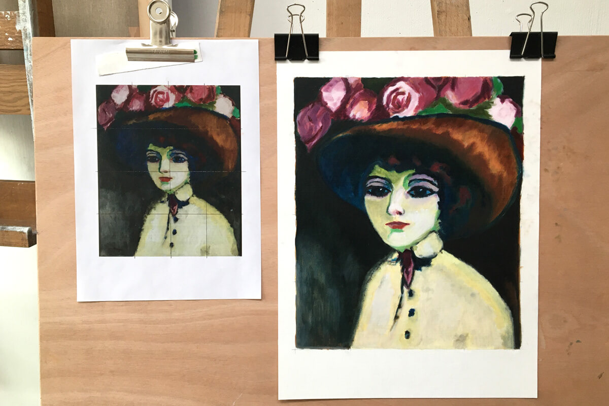 Brigitte : étude d'après une peinture de Kees van Dongen "La Parisienne de Montmartre", 1907-1908. - Cours de peinture Paris 13 - Atelier JB Miette reproduction de tableaux - Cours de peinture à l'huile pour adultes en petits groupes