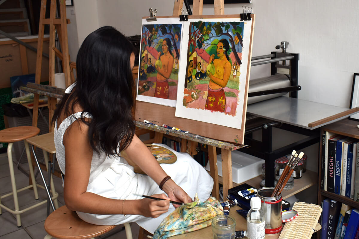 Étude d'après une peinture de Paul Gauguin "La femme au fruit". Eu haere ia oe (Où vas-tu ?), 1893. - Cours de peinture Paris 13 - Atelier JB Miette reproduction de tableaux - Cours de peinture à l'huile
