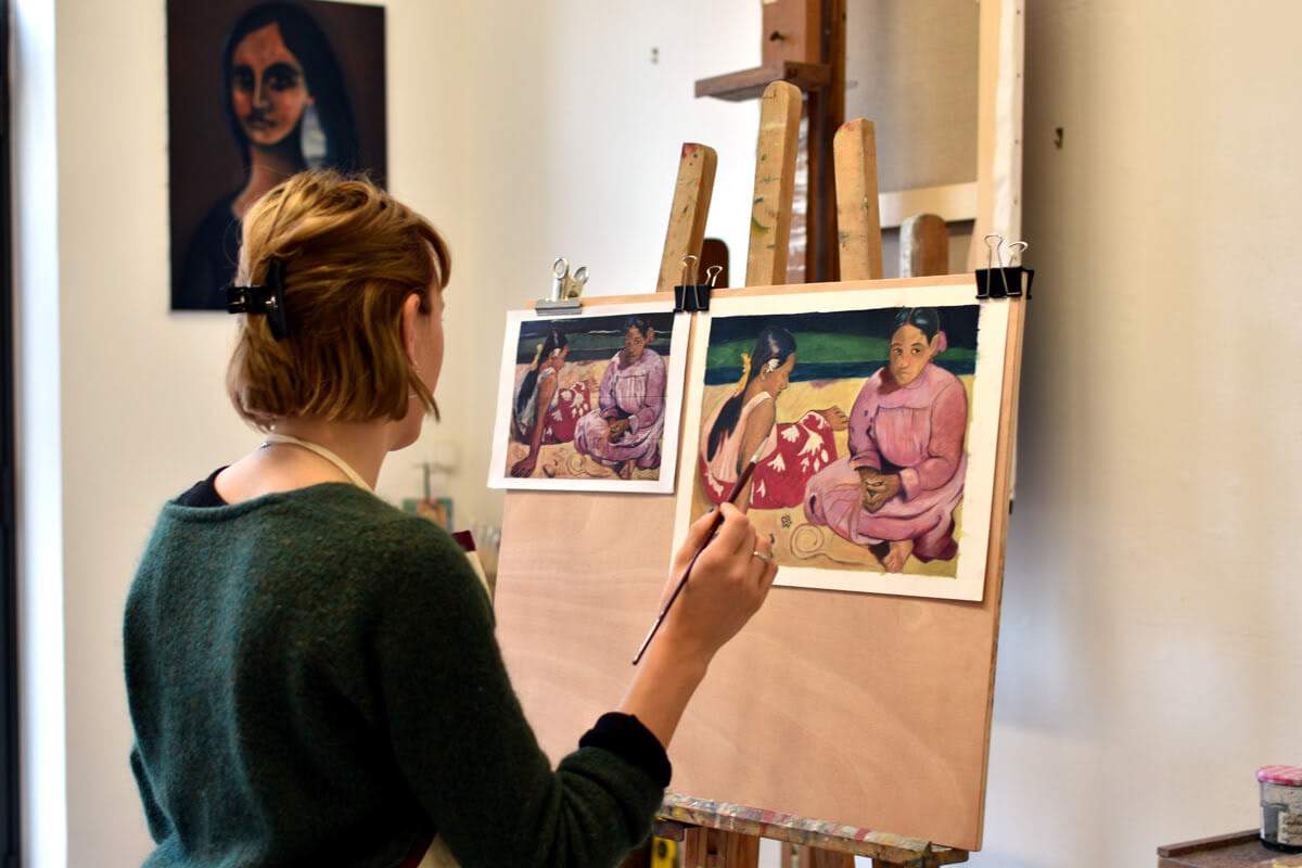 Exercice de copie à l'huile d'un tableau de Paul Gauguin "Femmes de Tahiti, 1891".