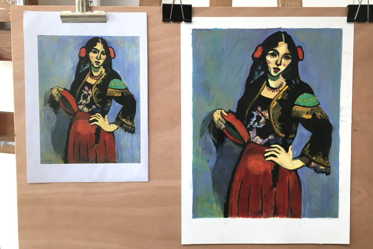 Brigitte : étude d'après une peinture d'Henri Matisse "L'Espagnole", 1909. - Cours de peinture Paris 13 - Atelier JB Miette reproduction de tableaux - Cours de peinture à l'huile pour adultes