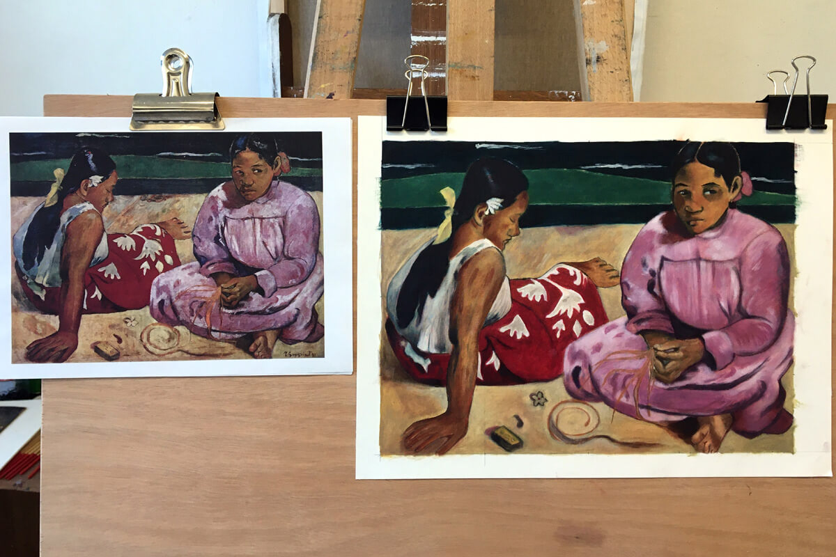 Marie : étude d'après une peinture de Paul Gauguin "Femmes de Tahiti", 1891. - Cours de peinture Paris 13 - Atelier JB Miette reproduction de tableaux - Cours de peinture à l'huile pour adultes