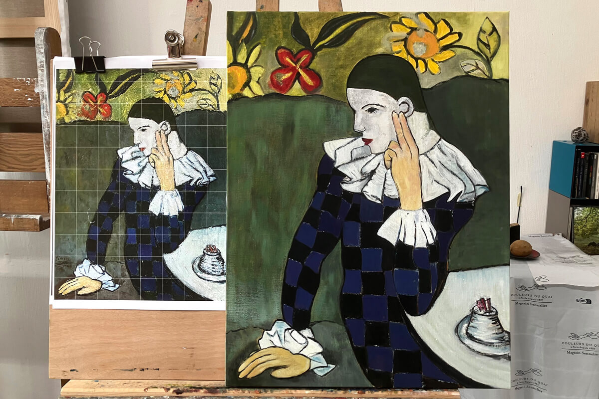 Brigitte : étude d'après Pablo Picasso, "L'Arlequin accoudé", 1901.