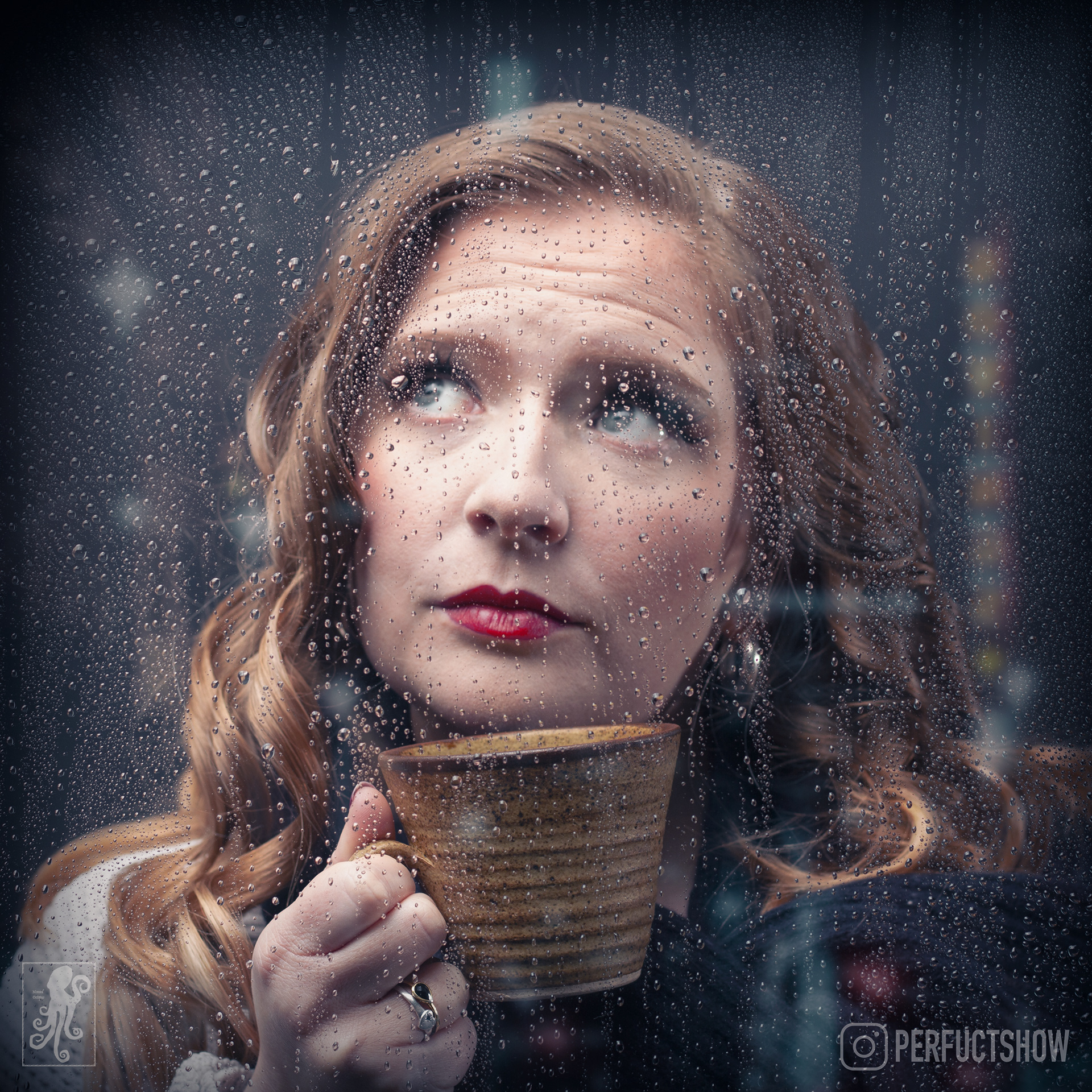 Perfuct Storm's Emma Cusdin looks dreamily out of a rain spattered window, drinking a hot drink and wondering if she will need to perform some high quality corporate comedy soon.