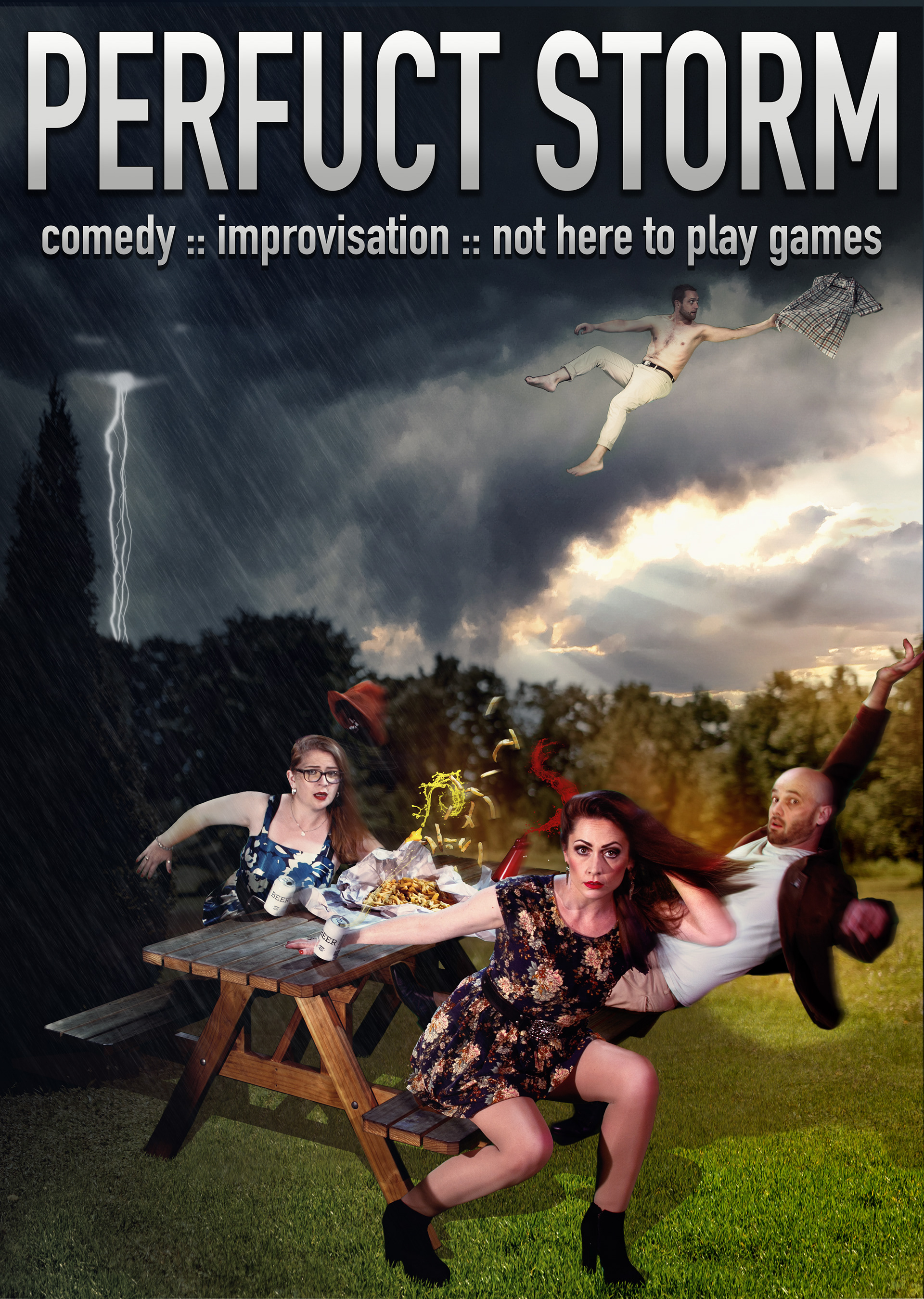 an image of the performers of Perfuct Storm - emma Cusdin, Kathleen Burns and Dan Bain - sitting at a picnic table. The weather is very ferocious and is blowing them and their picnic into the air. In the distance we can see that the wind has snatched musician Michel Bell's shirt off and blown him into the air.