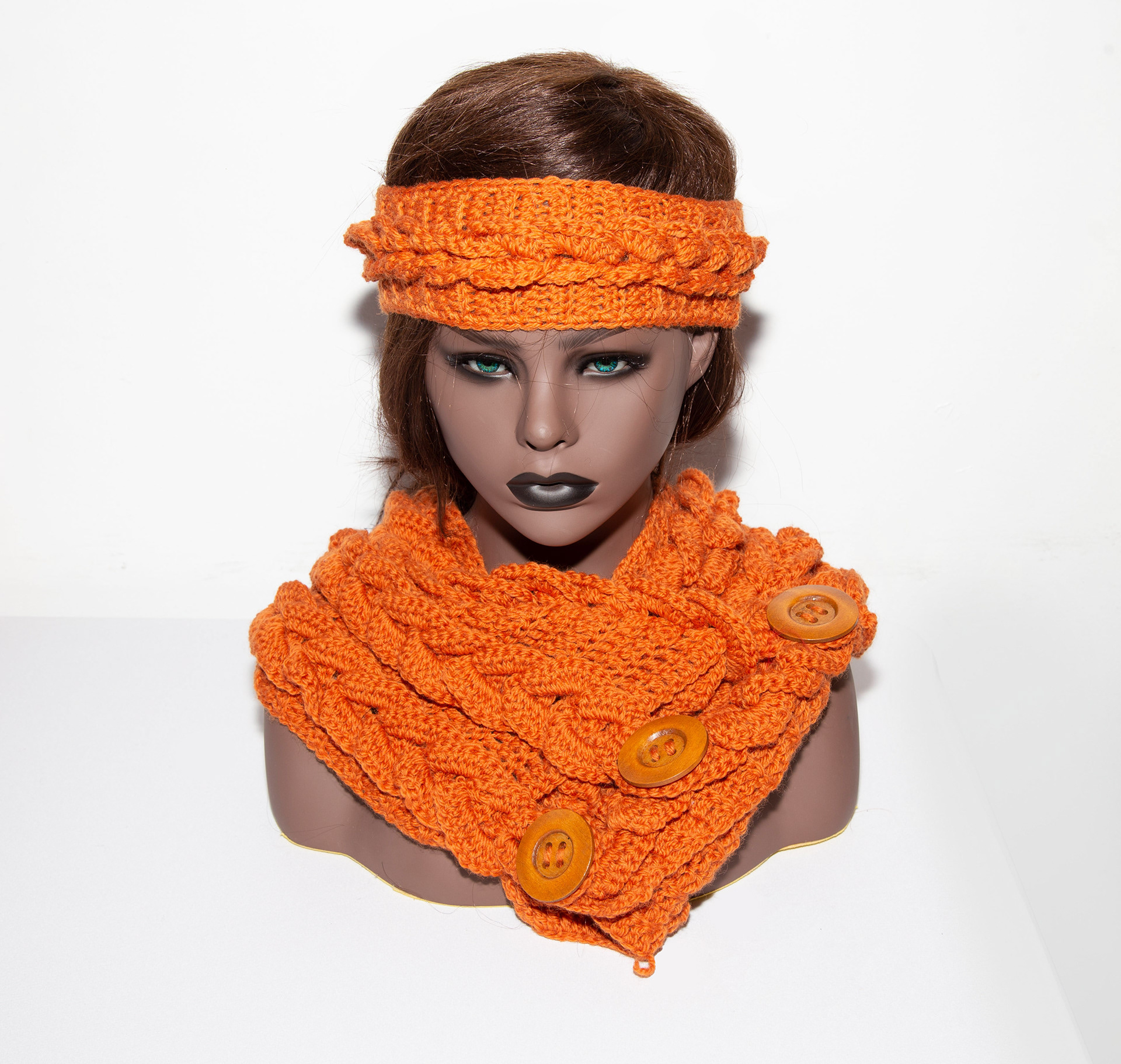 3 button cowl wool (orange) $125 Matching headband wool $75