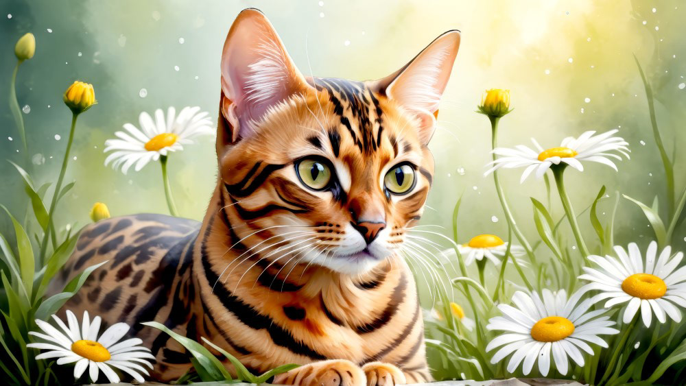 Bengal Cat and Daisies