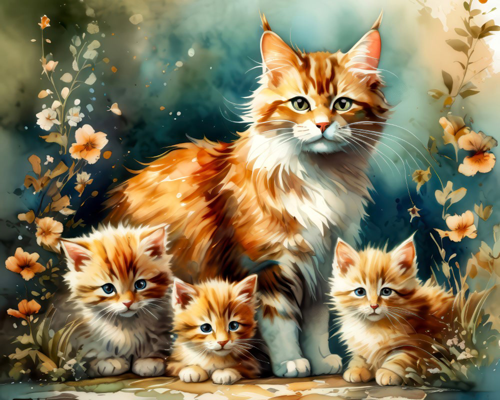 Adorable Mother Cat and Kittens