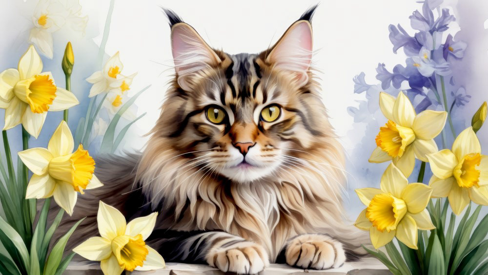 Maine Coon Cat and Daffodils