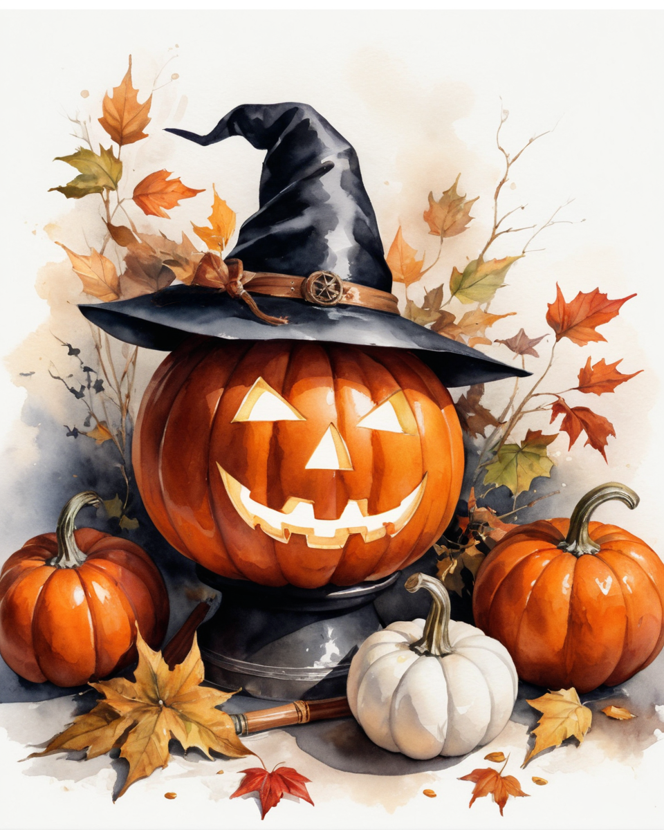 Witchy Pumpkin with Autumn Leaves