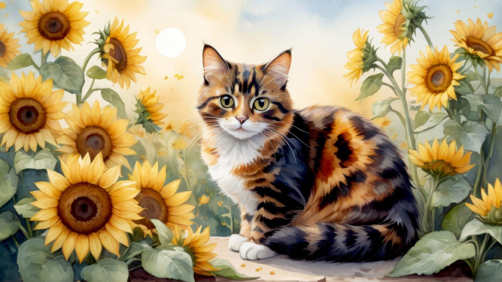 Tortoiseshell Cat and Sunflowers