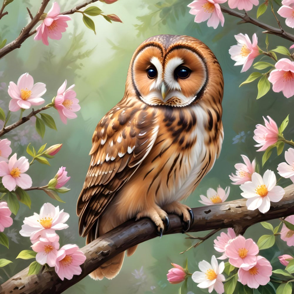 Tawny Owl and Cherry Blossoms