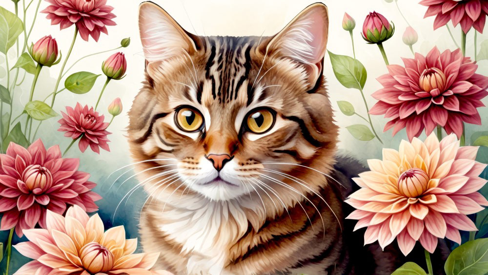 Brown Tabby Cat and Dahlias