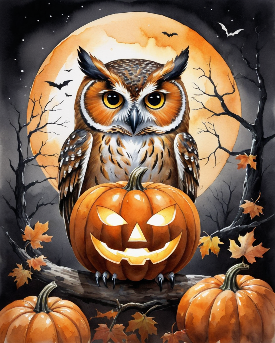 Autumn Owl With Glowing Pumpkins