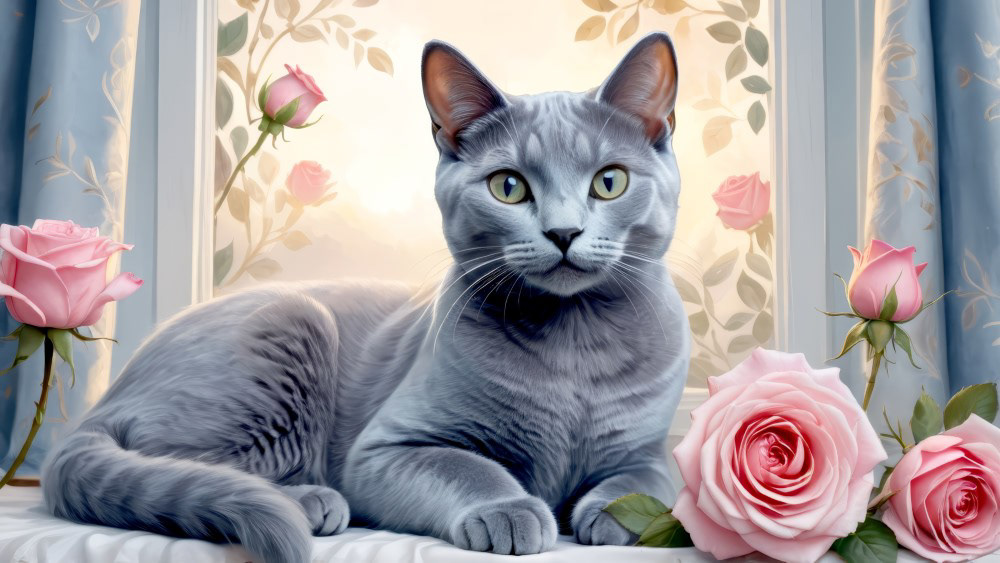 Russian Blue Cat and Roses