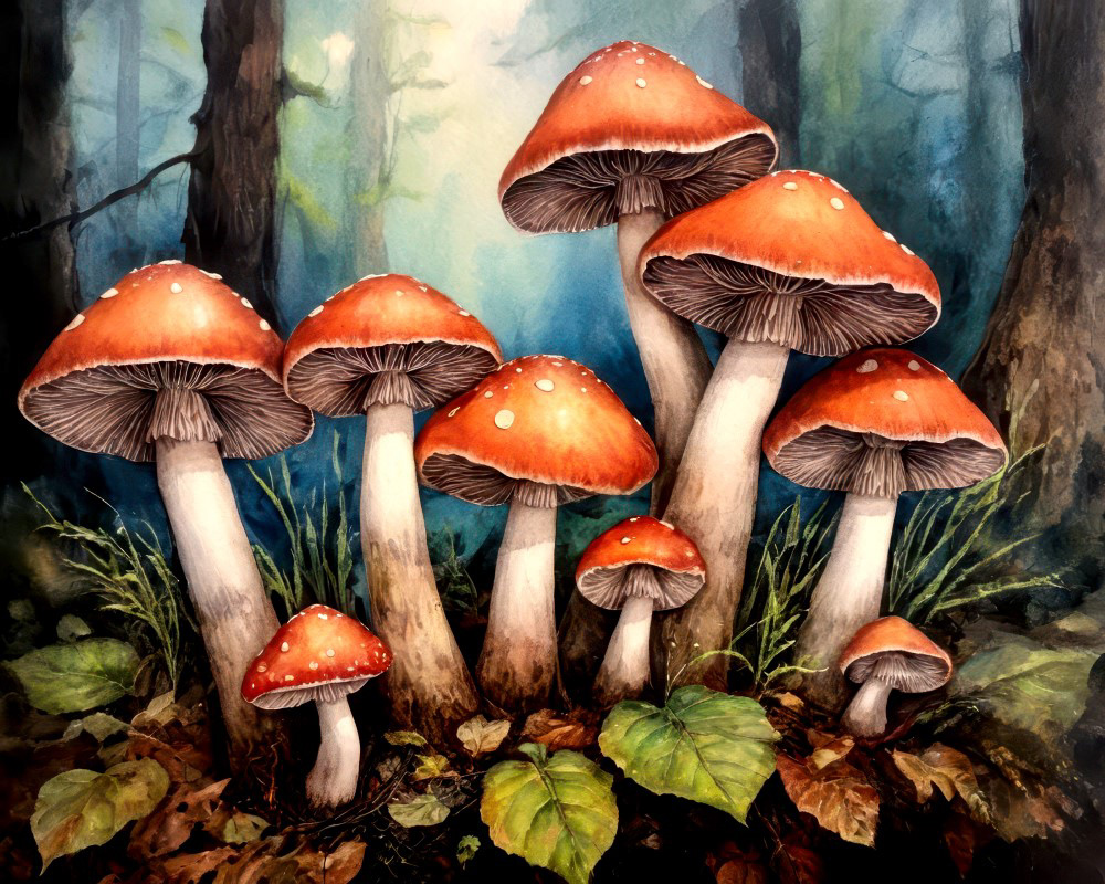 Mushrooms Among the Leaves