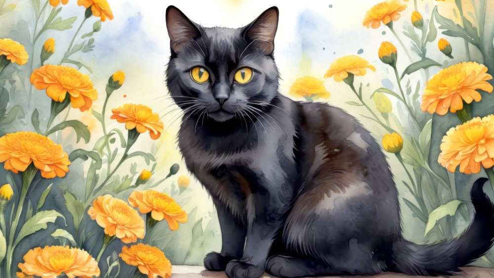 Black Cat and Marigold