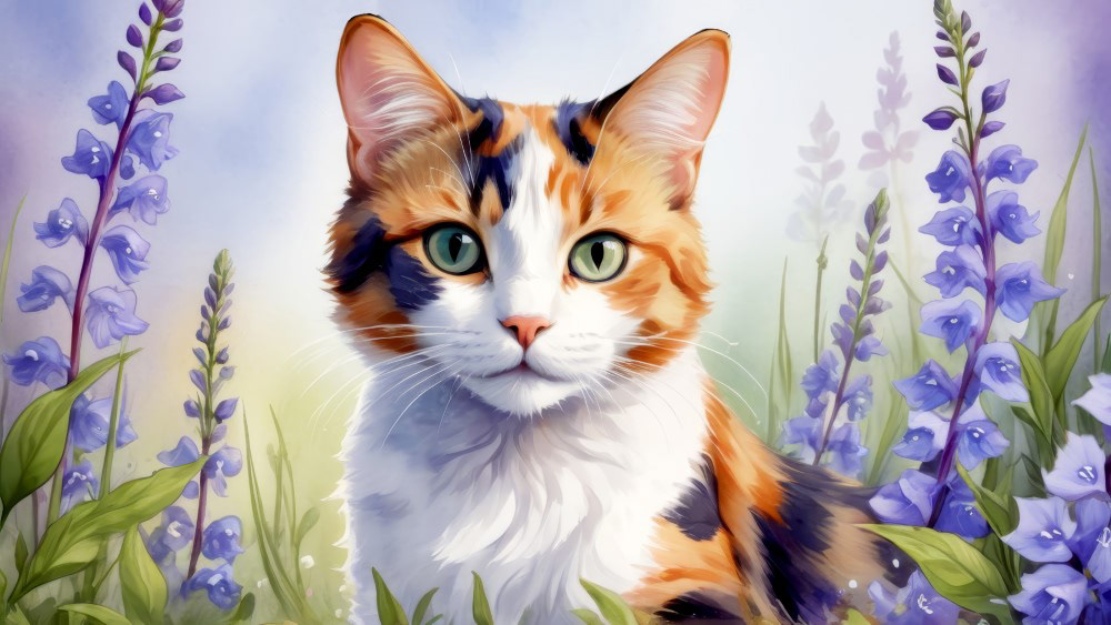Calico Cat and Larkspurs