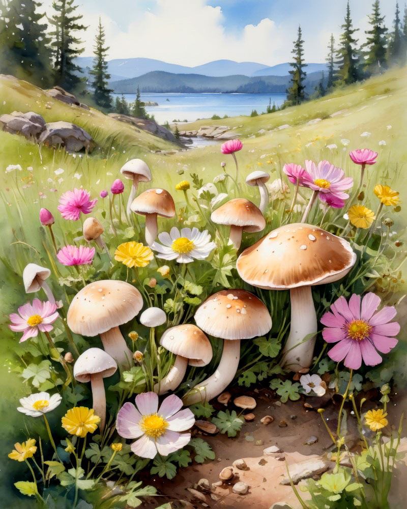 Lakeside Meadow With Mushrooms
