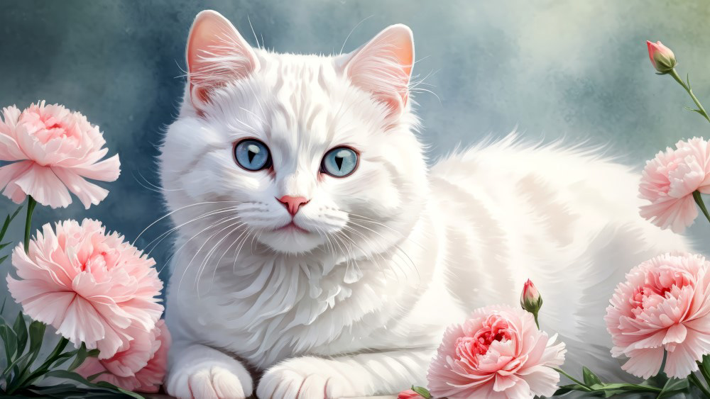 White Cat and Carnations