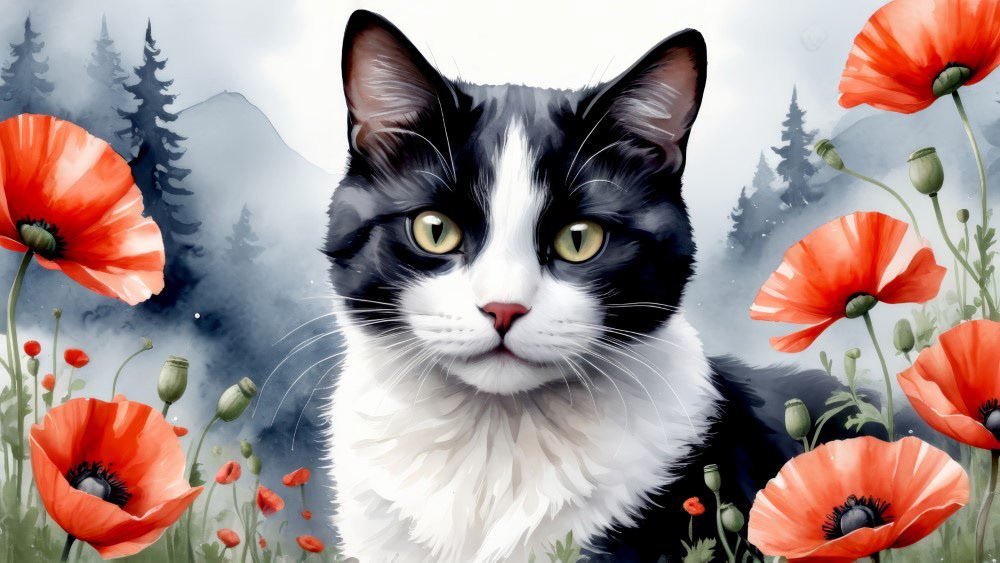 Tuxedo Cat and Poppies