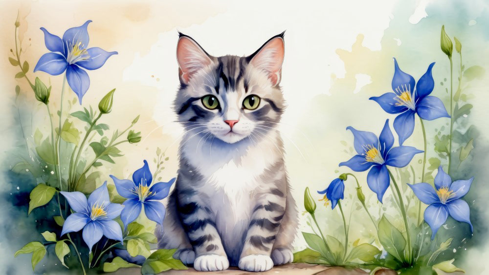 Gray Tabby Cat and Columbines