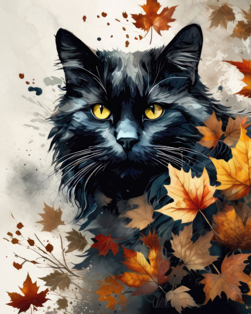 Black Cat With Autumn Leaves