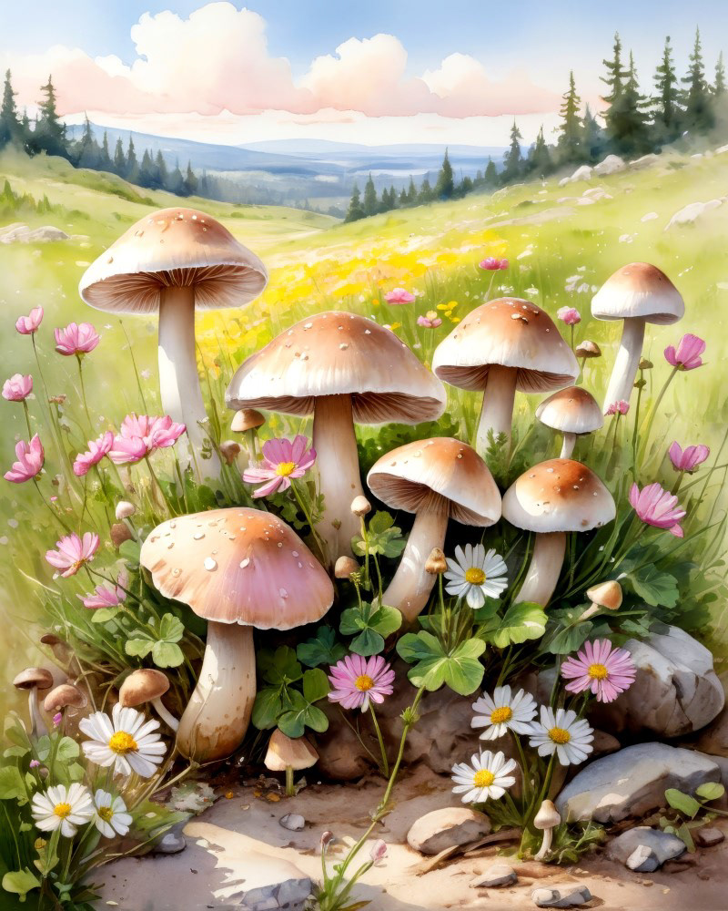 Idyllic Scene With Meadow Mushrooms