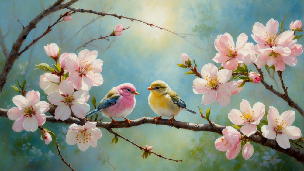 Colorful Birds in Cherry Tree