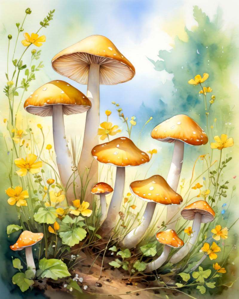 Golden Mushrooms and Buttercups