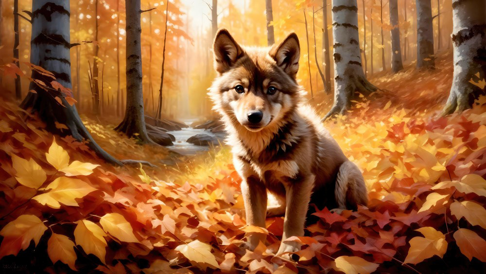 Wolf Pup and Fallen Leaves