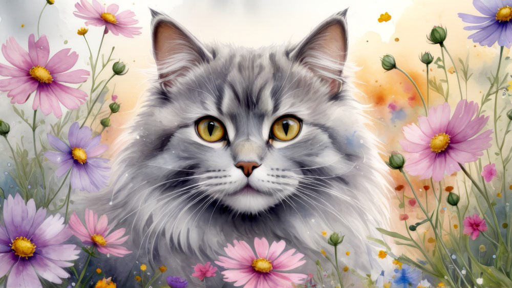 Gray Longhaired Cat and Cosmos