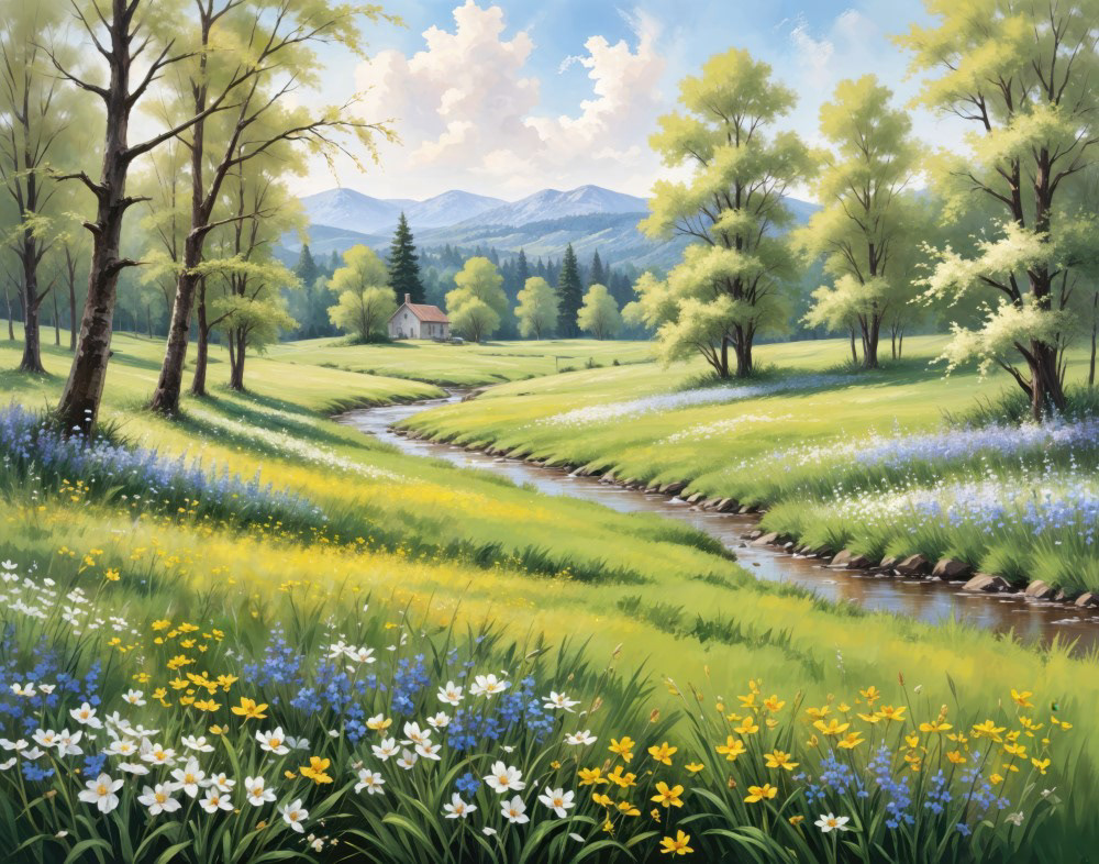 Meadow Stream With Wildflowers