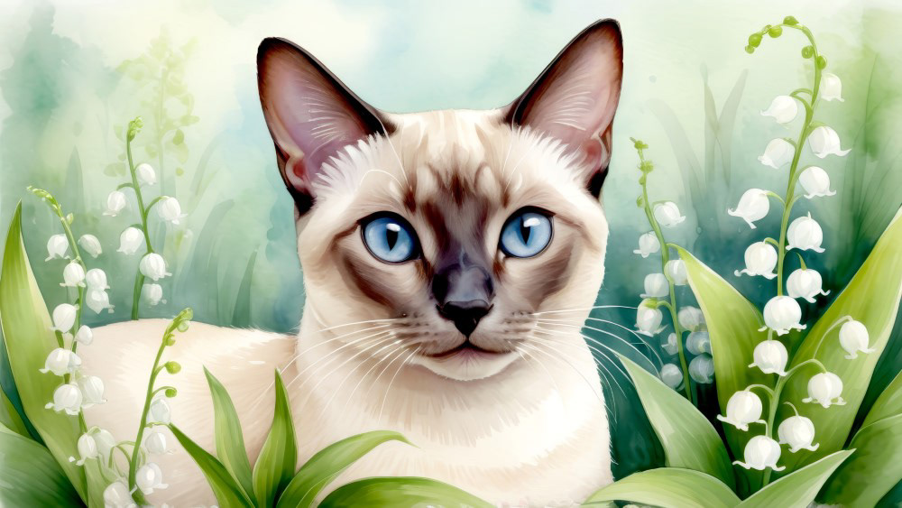 Siamese Cat and Lily of the Valleys