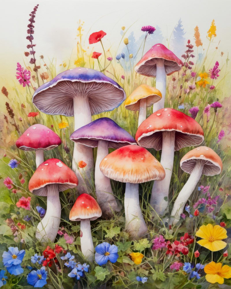 Rainbow Mushrooms Amid Summer Wildflowers