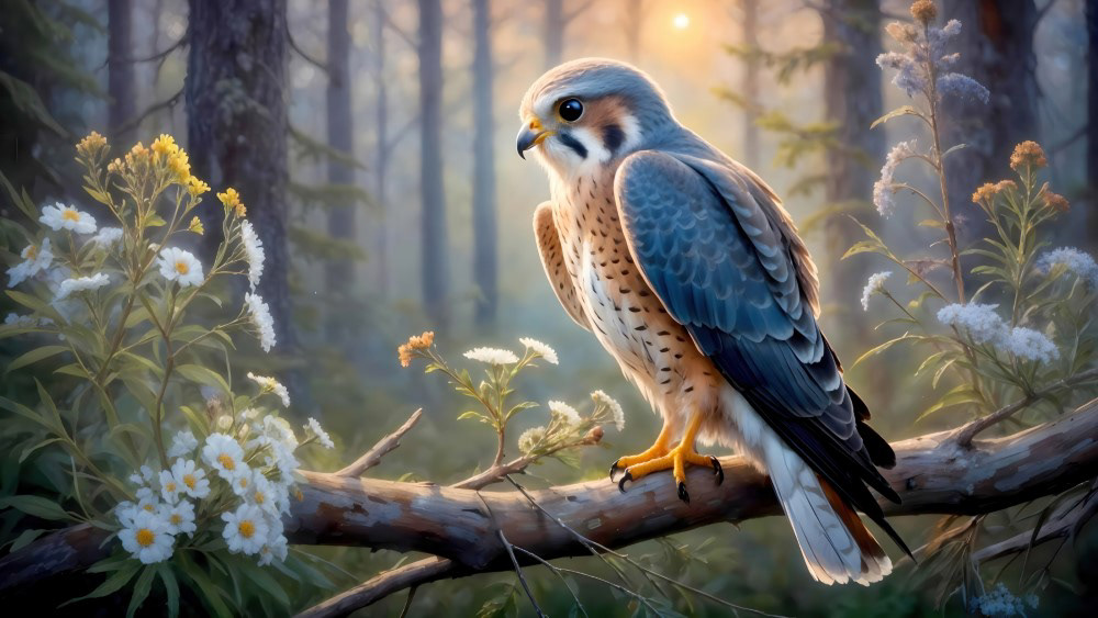 Kestrel Perched on Forest Branch