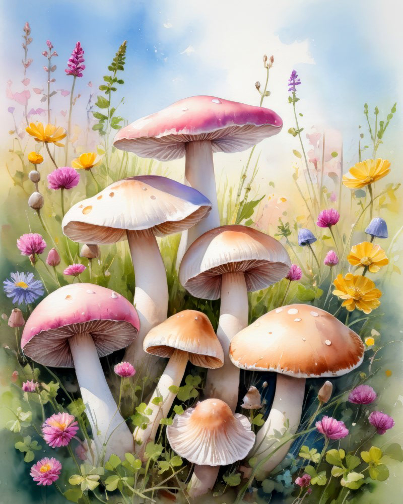 Pastel Mushrooms in Blooming Field