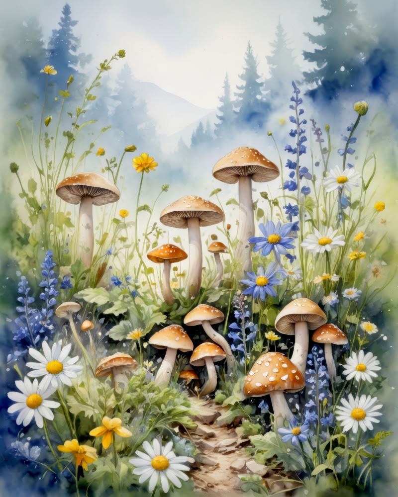 Path Through Wildflowers and Mushrooms