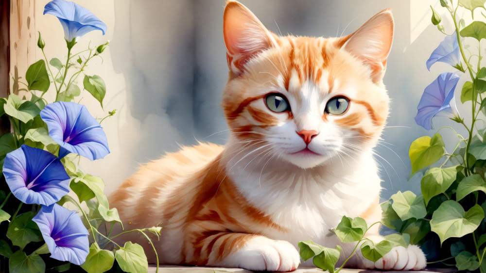 Orange Tabby Cat and Morning Glories
